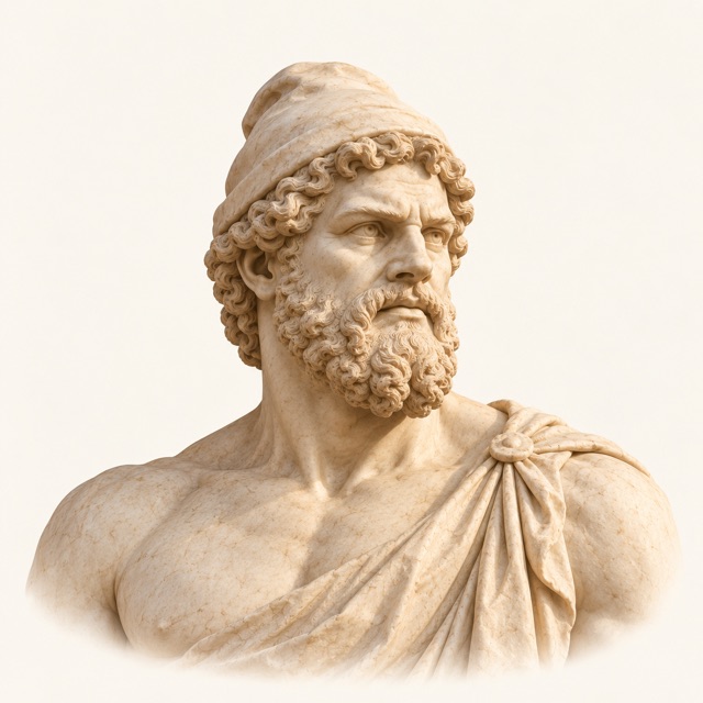 Marble bust of Hephaestus, god of the forge, in a rounded cap