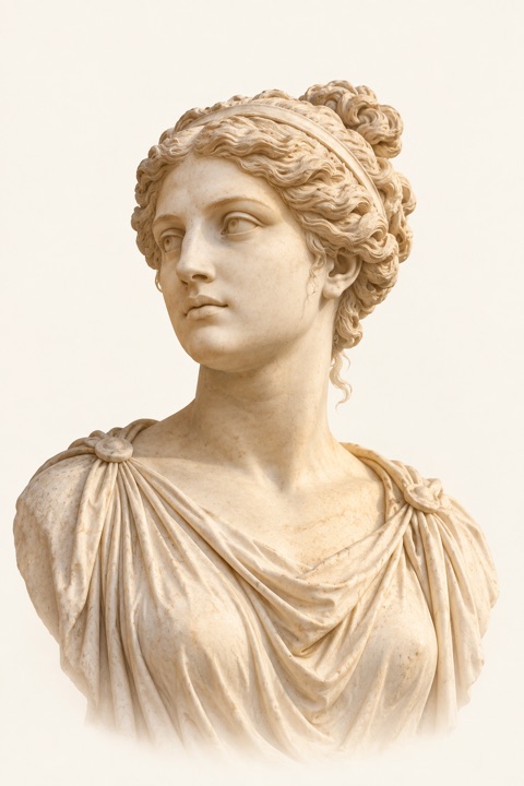 Marble bust of a young Greek woman scholar with her hair tied in a ribbon