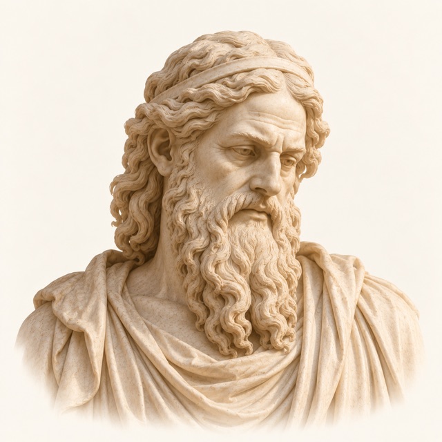 Marble bust of an elderly scholar with a long beard, looking down as if reading